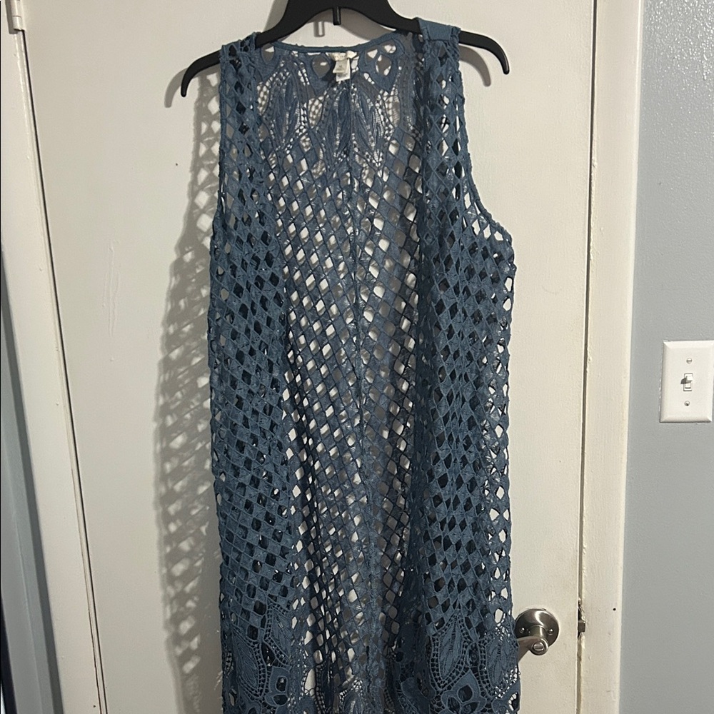 Blue Crochet Sleeveless Kimono